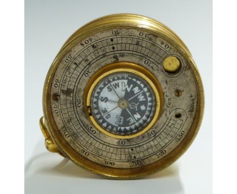 19thC brass pocket barometer/ compass thermometer compendium, London trademark to silvered dial 