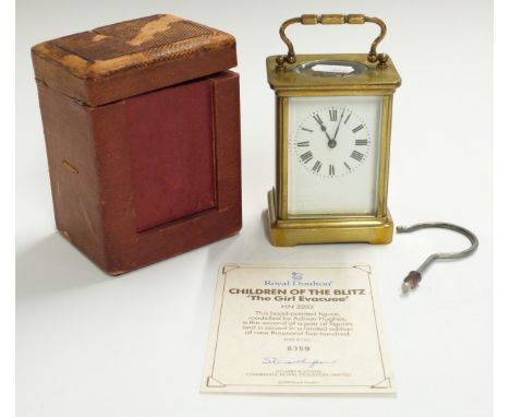 Brass corniche cased carriage clock with Roman enamelled dial, in original carry case, H10.5cm
