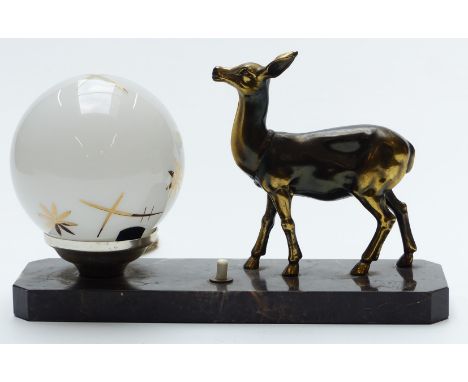 Art Deco style desk lamp with bronzed deer and glass shade mounted on marble base, length 24.5cm&nbsp;