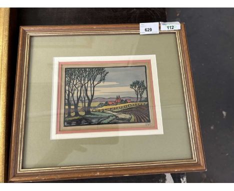 Graham Dudley Page (British, b.1905), hand coloured woodcut, signed in pencil, 12x16.5cm, framed and glazed.