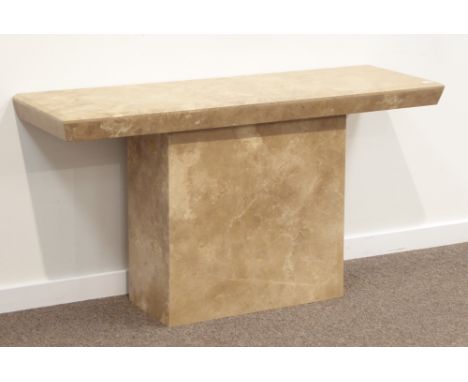 Contemporary marble effect console table, rectangular top on single pedestal base, 136cm x 45cm, H72cm Condition Report & Fur