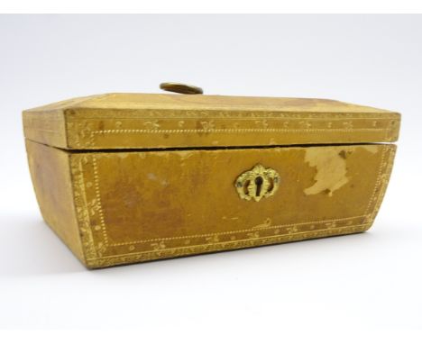 Early 20th century tooled leather jewellery box containing mother-of-pearl handled manicure implements, tortoise shell hair c