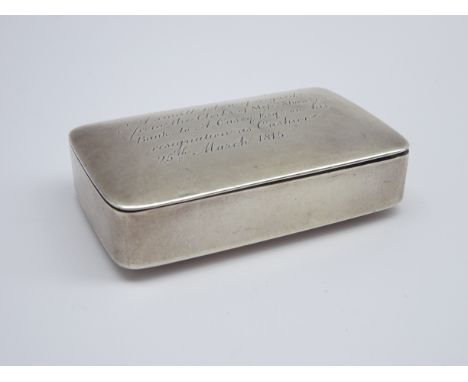 George III silver snuff box, the cover inscribed 'To A. Casey from the clerks at Messrs Shaw & Co Bank, March 1815' Birmingha