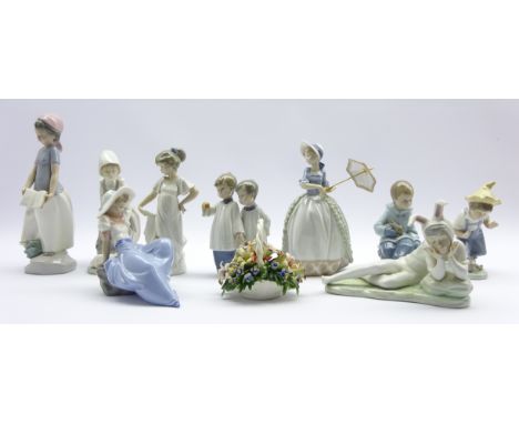 Nine Nao figures including a girl with parasol, kneeling girl with lamb, Choir boys etc an a Capodimonte porcelain basket of 