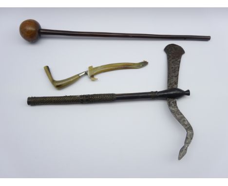 African wooden knobkerry L 67cms, African axe with wooden shaft  and an Indonesian knife Condition Report & Further Details C