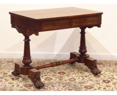 19th century mahogany sofa table, rectangular banded top above two drawers, twin pillar supports on platforms with carved cla