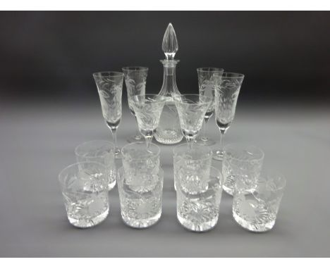 Stuart Cascade pattern drinking glasses and decanter comprising seven tumblers, four champagne glass and two wine glasses (14