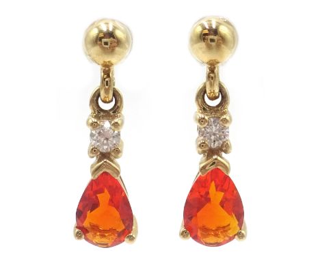 Pair of 9ct gold fire opal and diamond pendant ear-rings, hallmarked Condition Report & Further Details Click here for furthe