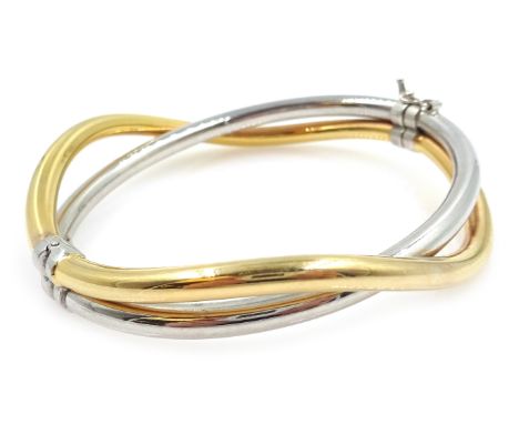 9ct white and yellow gold cross over hinged bangle, stamped 375, approx 10.1gm  Condition Report & Further Details Click here