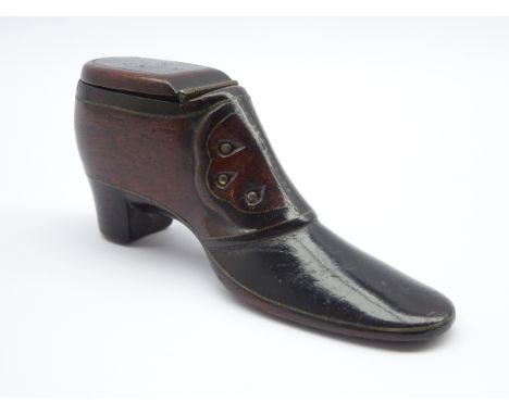 19th Century wooden shoe snuff box with stud and wire work decoration L 10cms Condition Report & Further Details Click here f
