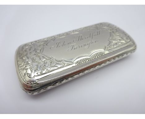 Victorian silver snuff box with gilded interior and engraved decoration inscribed 'John Threlfall, Farington' Birmingham1878 