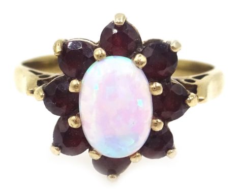 9ct gold opal and garnet cluster ring, hallmarked Condition Report & Further Details Size J-K, approx 2.4gm Click here for fu