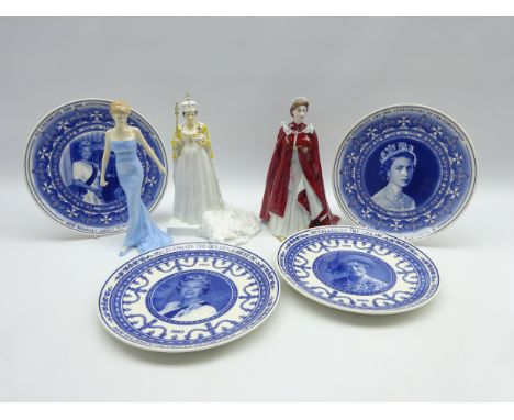 Royal Doulton figure 'Diana', Royal Worcester figure of Queen Elizabeth II, another by Coalport and four Wedgwood commemorati