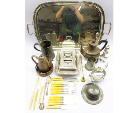 Large William Hutton silver-plated two handled tray, L73cm, 19th century plated bottle coaster, Victorian tea pots, pewter in