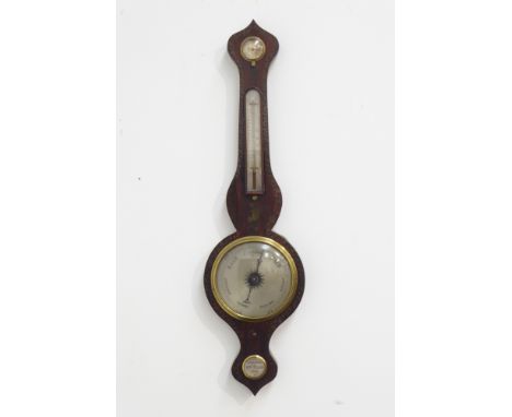 19th century rosewood wheel mercury barometer, with damp/dry and thermometer, signed 'Schweres, York' floral painted detail, 