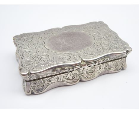 Victorian silver oblong snuff box with engraved decoration of interlocking foliage Birmingham 1859 Maker: Edward Smith 7x4cms