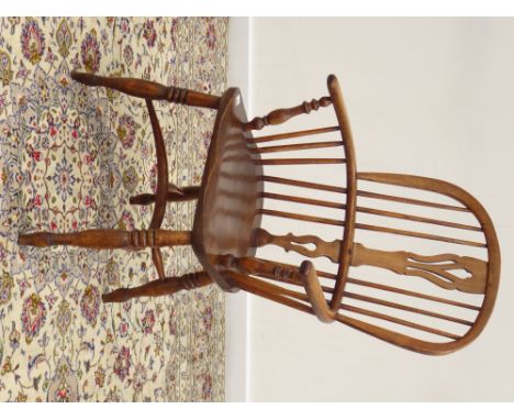 19th century and later elm and ash Windsor armchair, high stick and pierced splat back, turned supports with crinoline stretc