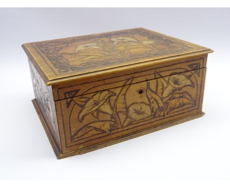 Vintage box with incised floral decoration containing various costume jewellery, trinket boxes, a Byzantine hammered coin and