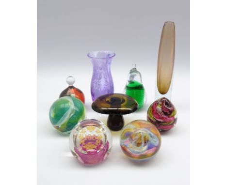 Collection of glass paperweights including Mdina, Uredale Glass, Caithness & Selkirk, a Malerax glass toadstool, Caithness va