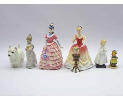 Three Royal Doulton figures; Sarah HN 3380, Diane HN 3604 & Bedtime, Lladro figure 'Girl with Oranges', Beswick West Highland