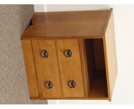'Fishman' oak two drawer lamp stand with wrought metal handles, by Derek Slater of Crayke, W56cm, H62cm, D46cm Condition Repo