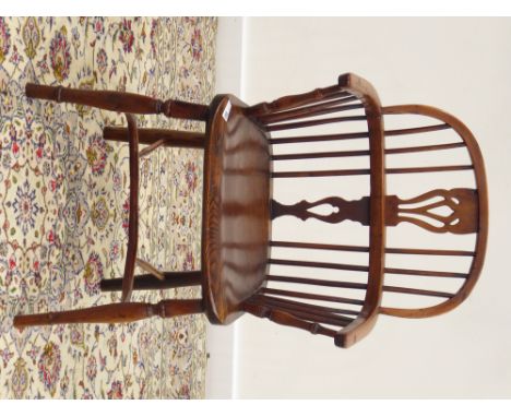 19th century and later yew wood and elm Windsor armchair, low stick and pierced splat back, turned supports with crinoline st