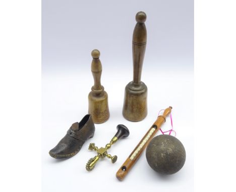 Victorian child's clog, two 19th century treen pestles, 19th century brass pastry jigger with ebony handle, treen dairy therm