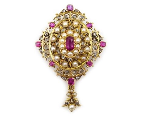 Edwardian 18ct gold (tested) ruby, seed pearl and diamond brooch Condition Report & Further Details Approx 23gm, L6cm x W4cmC