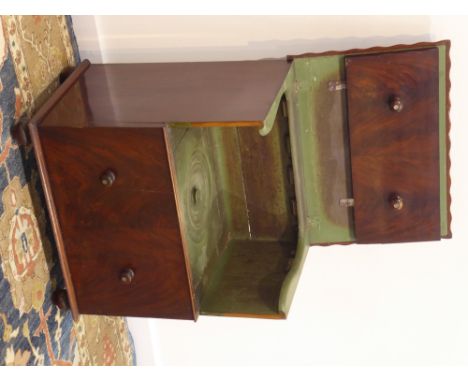 Victorian figured mahogany commode, double hinged top with green painted interior, ceramic pot (W65cm, H72cm, D44cm), 19th ce