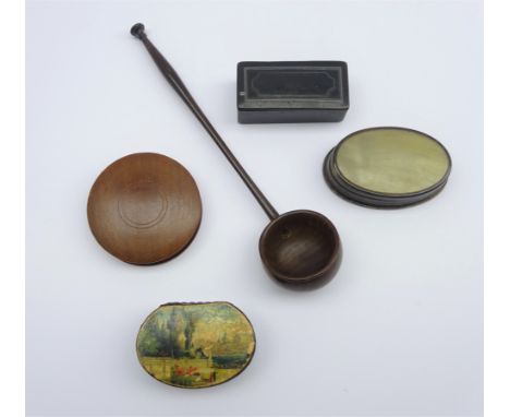 Two 19th century lacquer papier-mache snuff boxes, one with hand painted lid, horn oval snuff box, 19th century turned ladle 