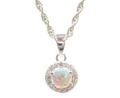 Silver opal and cubic zirconia pendant necklace, stamped 925 Condition Report & Further Details Click here for further images