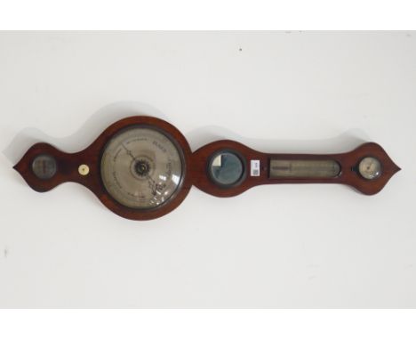 19th century rosewood cased banjo barometer, subsidiary thermometer, circular mirror and level, H98cm Condition Report & Furt