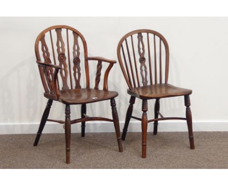 19th century Thames Valley yew and elm low back Windsor armchair, stick and splat back with turned roundels, crinoline stretc