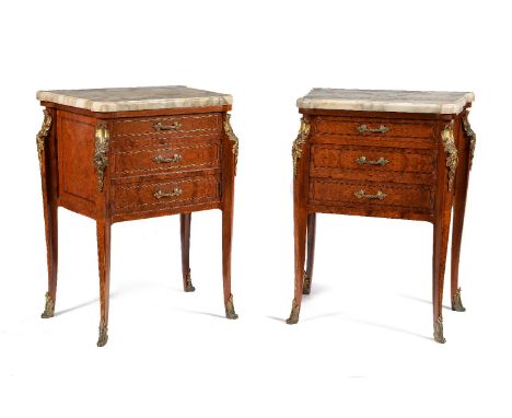 A pair of burr walnut, mahogany and gilt metal mounted petit commodes or bedside chests, in Louis Phillipe style, mid 20th ce