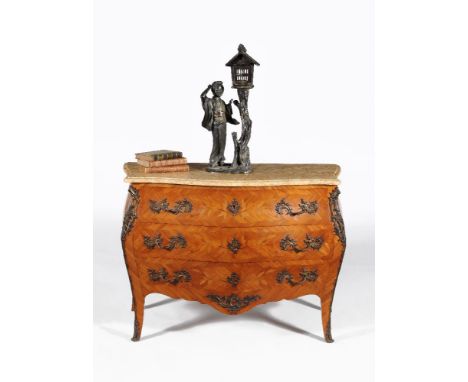 A tulipwood and marquetry commode, in Louis XV style, late 19th century, with patinated metal mounts throughout, the variegat