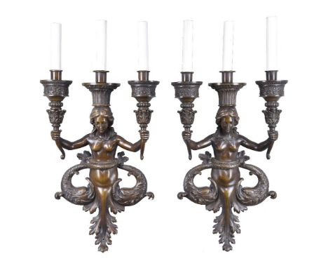 A pair of Continental patinated bronze three light figural wall appliques in Renaissance Revival taste, 20th century, the ele