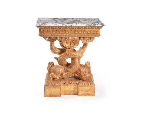 A carved giltwood and marble mounted console table, in George II style, 19th century and later, the variegated marble top wit