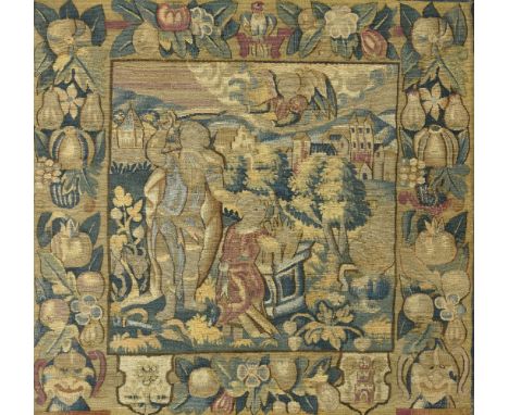 A Franco-Flemish, probably Brussels, tapestry panel depicting the Sacrifice of Isaac, mid 17th century, the figures in a wood