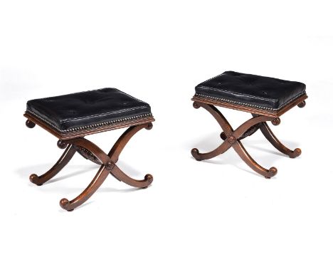 ϒA pair of Regency rosewood X-frame stools, circa 1815, attributed to Gillows, each padded, leather and button upholstered to