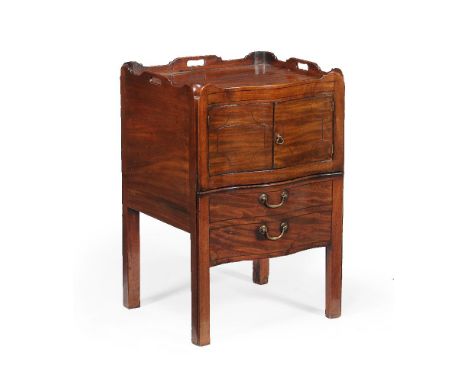 A George III mahogany serpentine fronted night commode, circa 1780, the rectangular top with a shaped gallery incorporating p