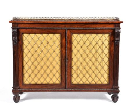 ϒA George IV rosewood and gilt metal mounted side cabinet, circa 1825, attributed to Gillows, the pierced three quarter galle