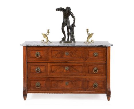 A Continental walnut and fruitwood crossbanded commode, first half 19th century, the grey veined variegated marble top with s