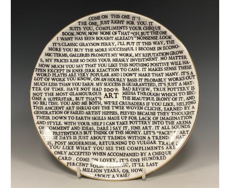 Grayson Perry RA (b.1960) '100% Art Plate', 2020, fine china plate, produced for The Sainsbury Centre, Norwich, diameter 21cm