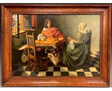 W. R. E. Goodrich, After Vermeer, Dutch interior with figures, oil on 24cm x 34cm. 