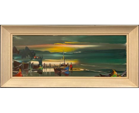 George R Deakins (1911-1982), Twilight Reflections, signed, impasto oil on board, artist’s studio label to verso, 30cm x 80cm