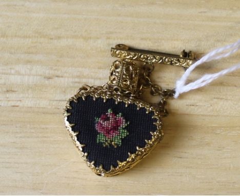 A gilt metal and glass scent bottle brooch, with tapestry decoration 3.5cm Good used condition.