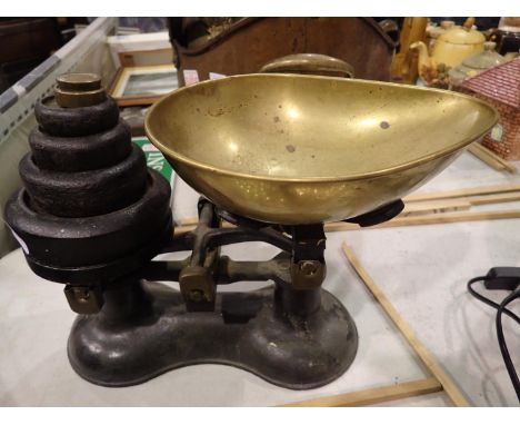 Pair of vintage cast metal kitchen scales with some weights. Not available for in-house P&amp;P 