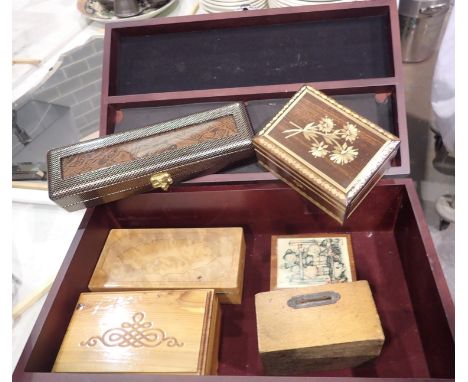 Collection of wooden boxes including a vintage money box. Not available for in-house P&amp;P 