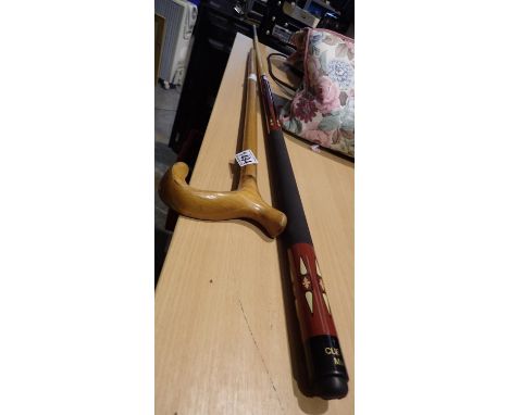 Mixed lot to include a Cue craft maverick snooker cue and a walking stick with brass tip. Not available for in-house P&amp;P 