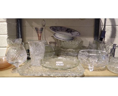 Shelf of mixed glass and ceramics to include decanters. Not available for in-house P&amp;P 